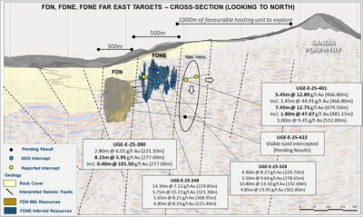 Figure 4: 2D active seismic survey cross section showing FDN East deposit with selected FDN East drilling results and new drill results along the east extension (CNW Group/Lundin Gold Inc.)