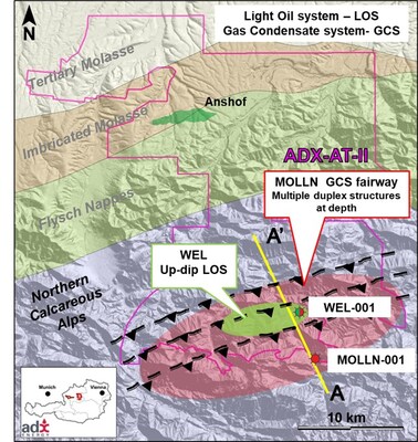 Figure 1: Regional map showing Molln Gas Fairway and Welchau Updip Light Oil Potential (CNW Group/MCF Energy Ltd.)