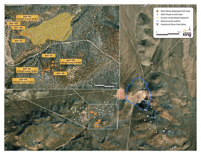 Figure 1. Plan view of SPE showing a mineralized footprint over a 300m by 500m area, as well as the 350m gap to the south and the 270m gap to the east, all in relation to the Atlanta Resource Zone and historic Atlanta pit. (CNW Group/Nevada King Gold Corp.)