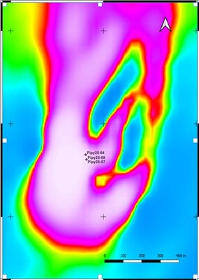 Figure 2: Aeromagnetic Image Showing Prominent North-South Magnetic Feature and Interpreted Folding (CNW Group/Nican Ltd.) Figure 2: Aeromagnetic Image Showing Prominent North-South Magnetic Feature and Interpreted Folding (CNW Group/Nican Ltd.)