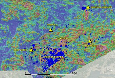 Figure 2. Map showing Te soil anomalies at Root & Cellar relative to known mineral occurrences. The Braxton Bradley anomaly is more distinct the Drop Zone that hosts grab samples with up to 700 ppm Te, 1,385 g/t Ag and 47 g/t Au. Also note the large Te anomaly that overlies the Creston Copper Porphyry target. (CNW Group/Northern Shield Resources Inc.)