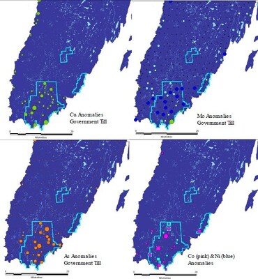 Figure 3. Maps showing various anomalous elements from samples previously collected by the Geological Survey of Newfoundland and Labrador and outlines of Northern Shields 100% owned mineral properties in the Cape St Mary’s Peninsula. (CNW Group/Northern Shield Resources Inc.)