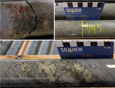 Figure 5. A: Occurrence of visible gold accompanied by chalcopyrite in hole 1338-26-093A at a depth of 1,020.50 m. B: Example of massive pyrite intersected at a depth of 1,145 m in the same hole. C: Example of chalcopyrite, sphalerite and pyrite mineralization at a depth of 1,129 m, close to the massive pyrite horizon. (CNW Group/Soquem inc.) Figure 5. A: Occurrence of visible gold accompanied by chalcopyrite in hole 1338-26-093A at a depth of 1,020.50 m. B: Example of massive pyrite intersected at a depth of 1,145 m in the same hole. C: Example of chalcopyrite, sphalerite and pyrite mineralization at a depth of 1,129 m, close to the massive pyrite horizon. (CNW Group/Soquem inc.)
