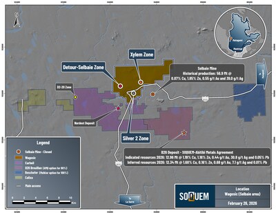 Figure 1. Location of Wagosic and other SOQUEM projects in the Selbaie area. (CNW Group/Soquem inc.) Figure 1. Location of Wagosic and other SOQUEM projects in the Selbaie area. (CNW Group/Soquem inc.)