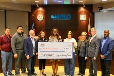 Marathon Petroleum Corporation L.A. Refinery Staff presents the WRD Board of Directors with a $15,000 grant check for Groundwater Education programming. Pictured from left to right: WRD Assistant General Manager Paul Liu, WRD Director Sergio Calderon, WRD Director Rob Katherman, Marathon Petroleum Corporation Senior ESG & Stakeholder Engagement Representative Nancy J. Pérez, WRD Director Joy Langford, Marathon Petroleum Corporation Advanced Senior CSR & Community Relations Lead Olga Chavez, WRD Director Vera Robles DeWitt, WRD Director John D. S. Allen, WRD General Manager Stephan Tucker.