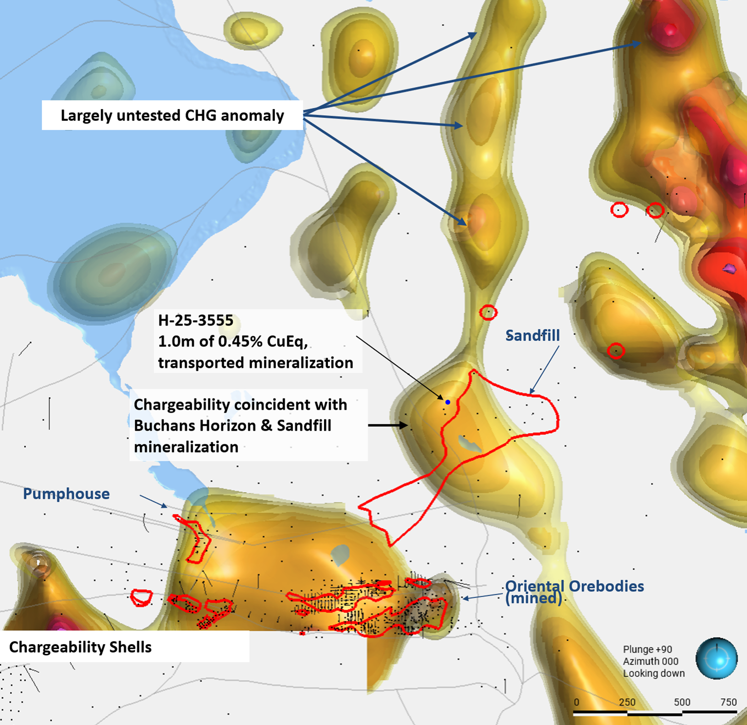 Sandfill target area showing location of hole H-25-3555 and deep 3DIP anomaly trend defined by increased chargeability (coloured shells are Chargeability of >16 mV/V from Canterra’s 2025 3DIP surveys. Historic drill collars are shown.