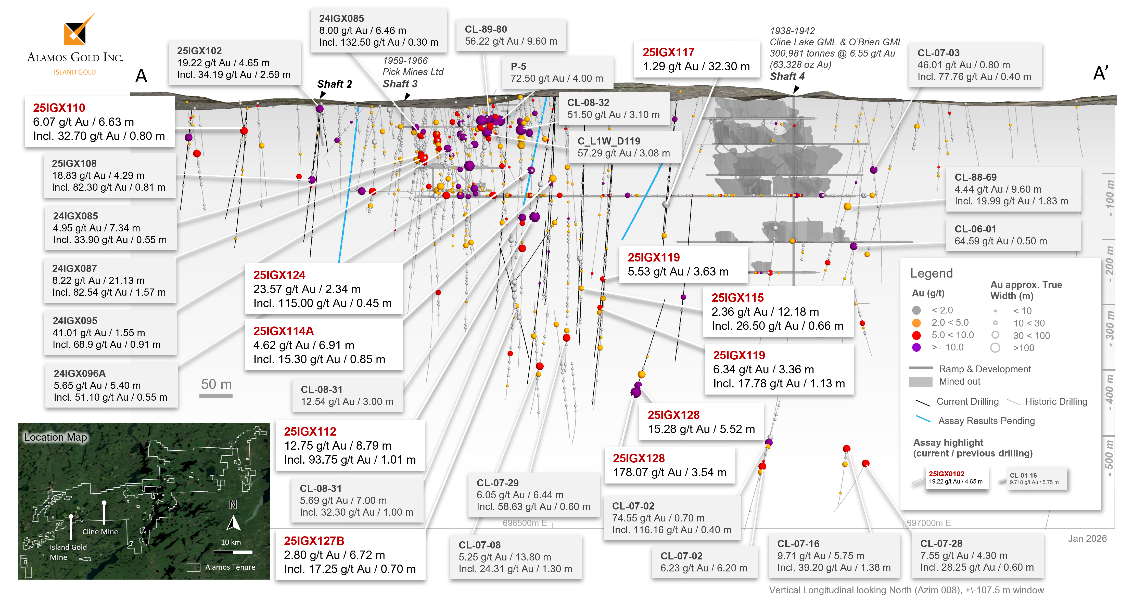 Figure 6 Cline-Pick Mines Longitudinal with current and historic drilling