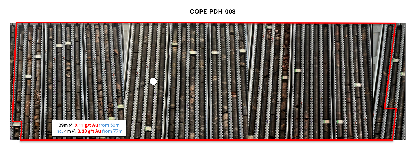 Image of core from the significant gold in bedrock intersection reported from diamond hole COPE-PDH-008 from 58.00 to 97.00 drilled interval. (38m @ 0.11 g/t Au)