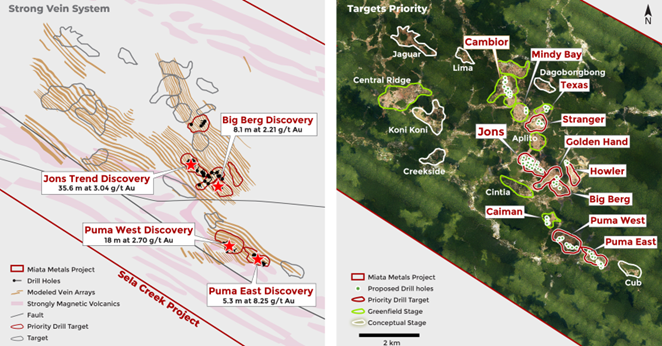 Vein array model and discoveries1 (left), and targets with proposed drilling (right).