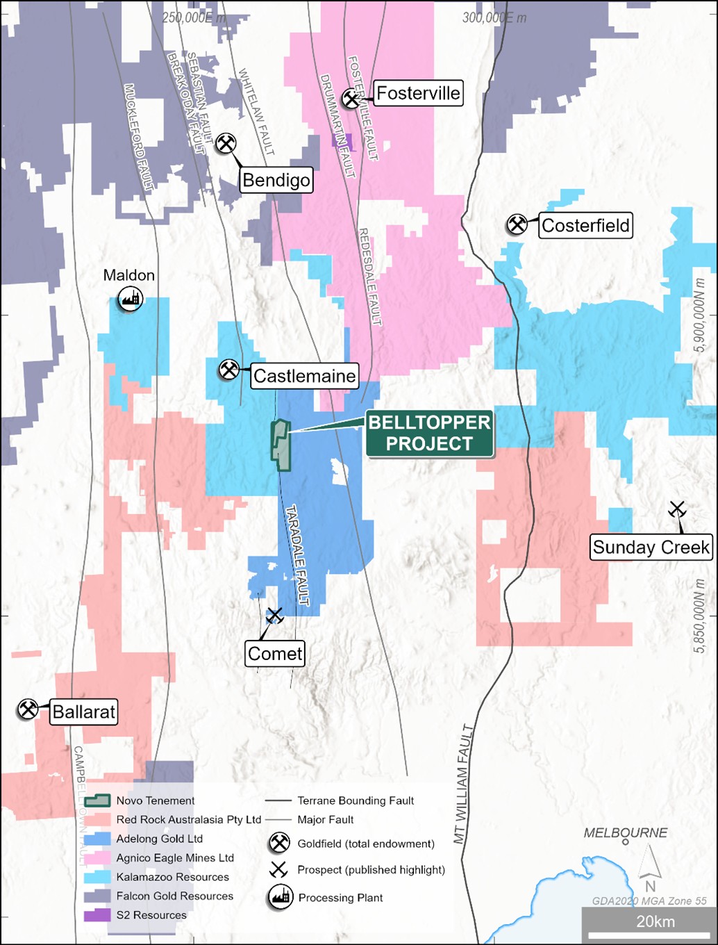 Belltopper Gold Project location map with regional mining centres and major structure. See endnotes for for source documents in relation to historical gold production figures for Bendigo, Fosterville, Costerfield, Castlemaine and Ballarat.