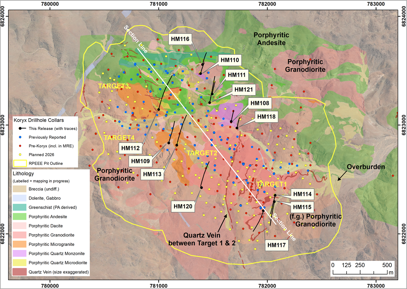 Plan view indicating recent drill hole locations. Results indicated in black are shown on the long section below