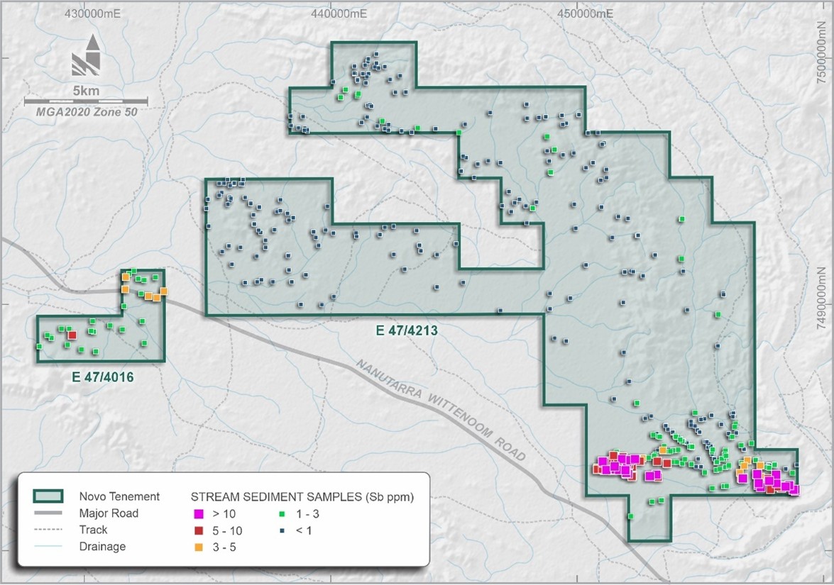 Wyloo tenure showing high order stream sediment antimony anomalies, including recently received data for the SW anomaly