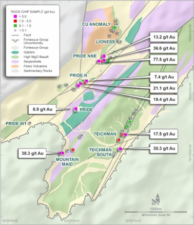 Teichman prospects highlighting Novo rock chip results > 5 g/t Au and geological interpretation with regolith cover
