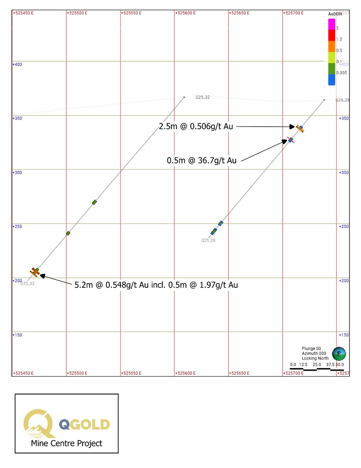 Section of Q25_28 showing the high-grade intersection of 36.7 g/t Au over 0.5m from 48.0m to 48.5m, and Q25_32