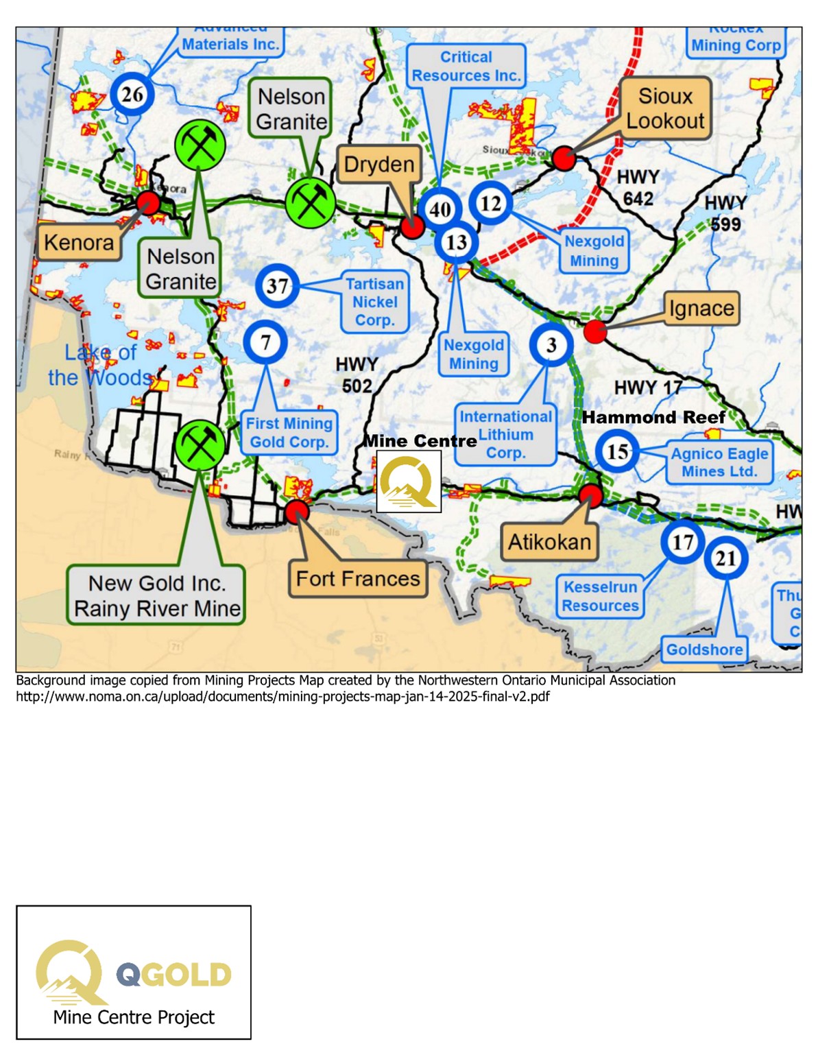 Map showing the location of the Mine Centre project between the Hammond Reef project in the East and the Rainy River mine in the West