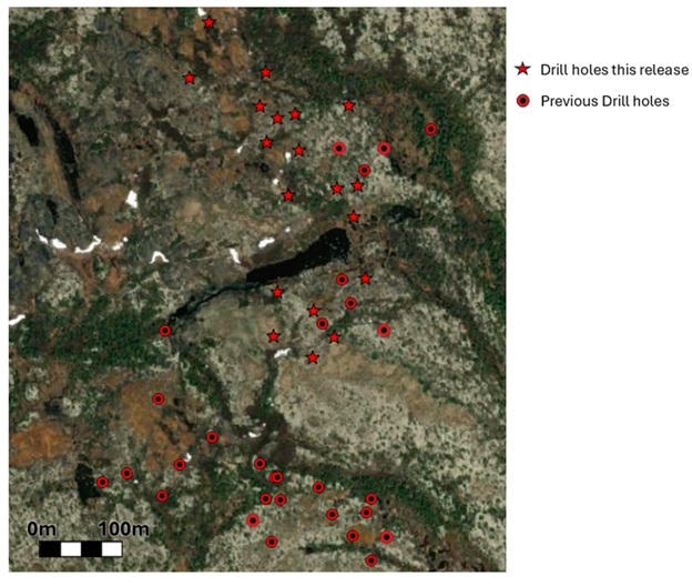 Completed Diamond drill holes along the northern 600m of the >5km long Kraken Main Zone with 2025 Drill holes (red stars) and previously drilled holes. Confirming mineralization over ~ 600m x 200m.