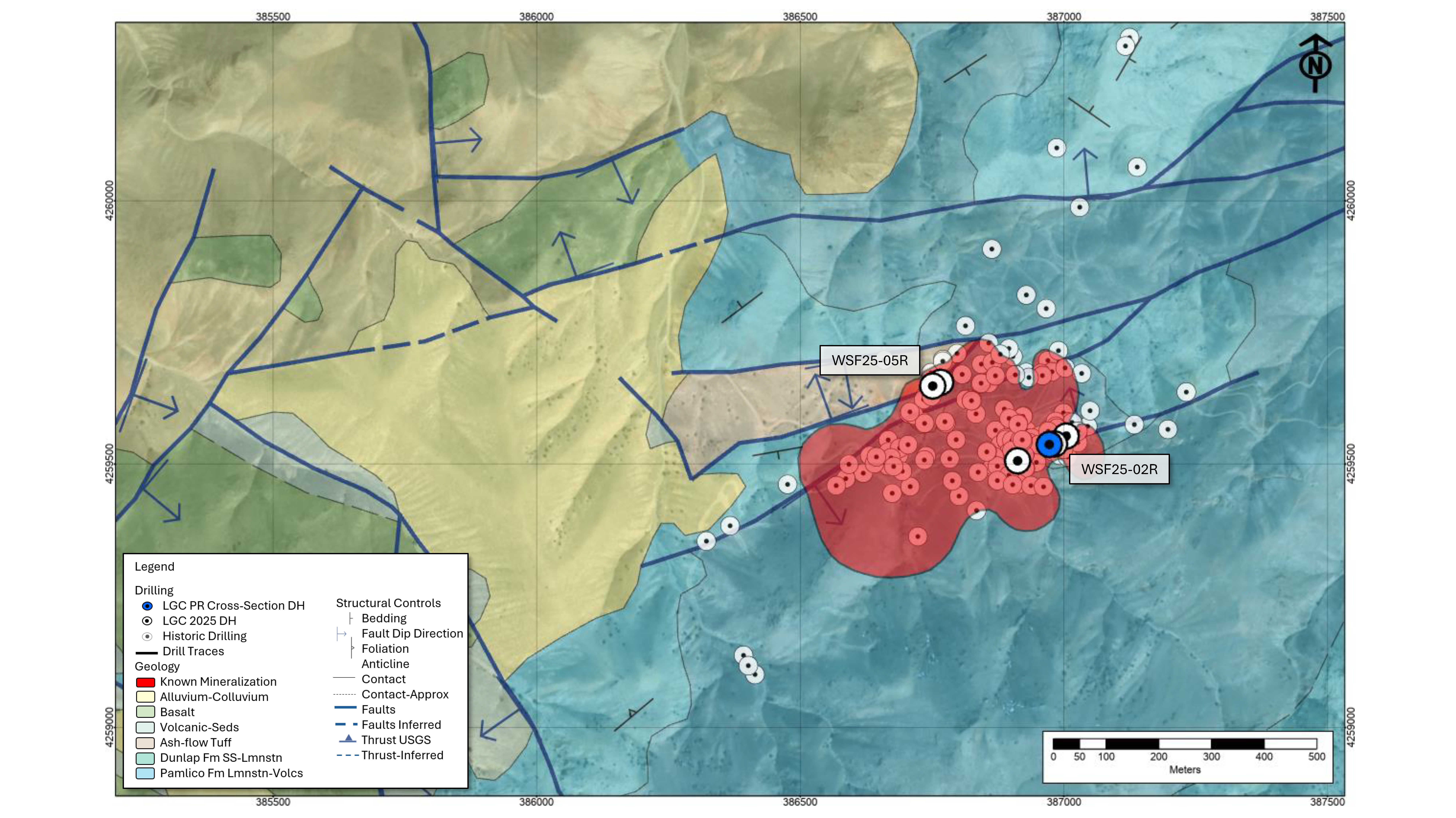 Plan view map showing locations of drill holes WSF25-02R and WSF25-05R within the North and South Zones at West Santa Fe, Nevada.