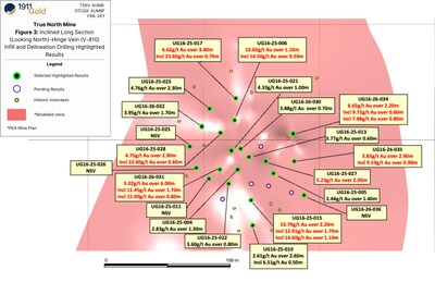 Figure 4: Inclined Long Section (Looking North)-Hinge Vein V-810 Infill and Delineation Drilling Highlighted Results (CNW Group/1911 Gold Corporation)