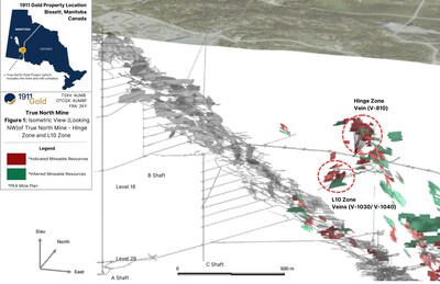 Figure 1: Isometric View (looking NW) of True North Mine-Hinge Zone and L10 Zone (CNW Group/1911 Gold Corporation)
