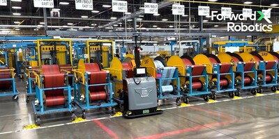 Apex2000 autonomous forklifts carrying carts