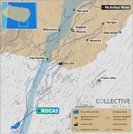 Regional map of the Rocas Project. The Project is located 75 kilometres southwest of the Key Lake Mine and Mill facilities along Highway 914