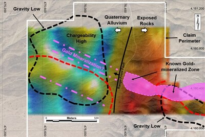 Figure 2 – Chargeability Depth Slice at a Depth of 100-150m with the Projected Gold-Mineralized Zone. (CNW Group/Black Mammoth Metals Corp)