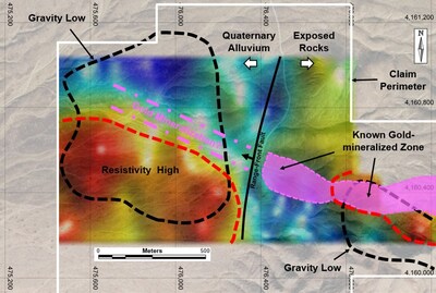 Figure 1 – Resistivity Depth Slice at a Depth of 50-100m with the Projected Gold-Mineralized Zone. (CNW Group/Black Mammoth Metals Corp)