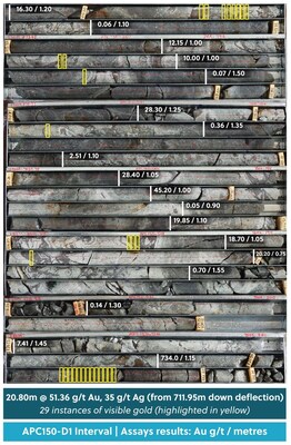 Figure 3: Drill Core Tray Photo Highlighting the Visible Gold Observed Within a Core Section from Drill Hole APC150-D1 (High-Grade Chute 3 in Figure 1) (CNW Group/Collective Mining Ltd.)