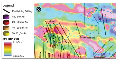 Figure 3: Plan view map highlighting the Normandie target area and showing the 2nd vertical derivative magnetics geophysical product (CNW Group/First Mining Gold Corp.)