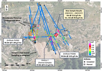 Figure 2 – Providencia target area showing new sample results at surface and previous Pan Global drillholes, channel and trench gold results (CNW Group/Pan Global Resources Inc.)