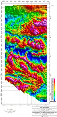 Figure 2. Cordillera Cobre Project, Pole Reduced Magnetic Map showing broad magnetic architecture across the El Alto and Calcite Hill target areas. (CNW Group/Super Copper Corp.) Figure 2. Cordillera Cobre Project, Pole Reduced Magnetic Map showing broad magnetic architecture across the El Alto and Calcite Hill target areas. (CNW Group/Super Copper Corp.)