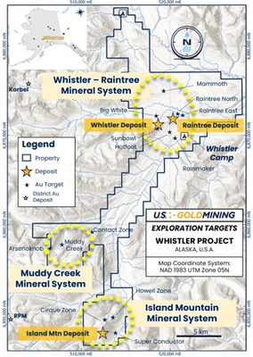 Figure 3: The Whistler Project, containing three gold ± copper ± silver mineral systems: Whistler – Raintree which contains the existing Whistler and Raintree deposits, Island Mountain which contains the namesake gold deposit and several additional undrilled targets, and Muddy Creek which contains potential for discovery of an intrusive-related gold system (CNW Group/U.S. GoldMining Inc.)
