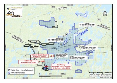 Figure 1: Visible Gold's newly expanded Horsefly gold property strengthens its land position immediately west of IAMGOLD's Nelligan Mining Complex in the prolific Chibougamau Mining Camp. (CNW Group/Visible Gold Mines Inc.)