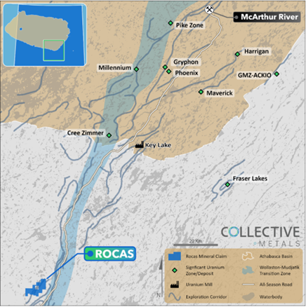 Regional map of the Rocas Project. The Project is located 75 kilometres southwest of the Key Lake Mine and Mill facilities along Highway 914.