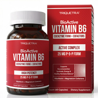 A supplement product from Triquetra showing a bottle and box of BioActive Vitamin B6 (25 mg P-5-P form).

It’s a high-potency dietary supplement (60 capsules) designed to support energy, brain function, and hormone balance, with added riboflavin and magnesium