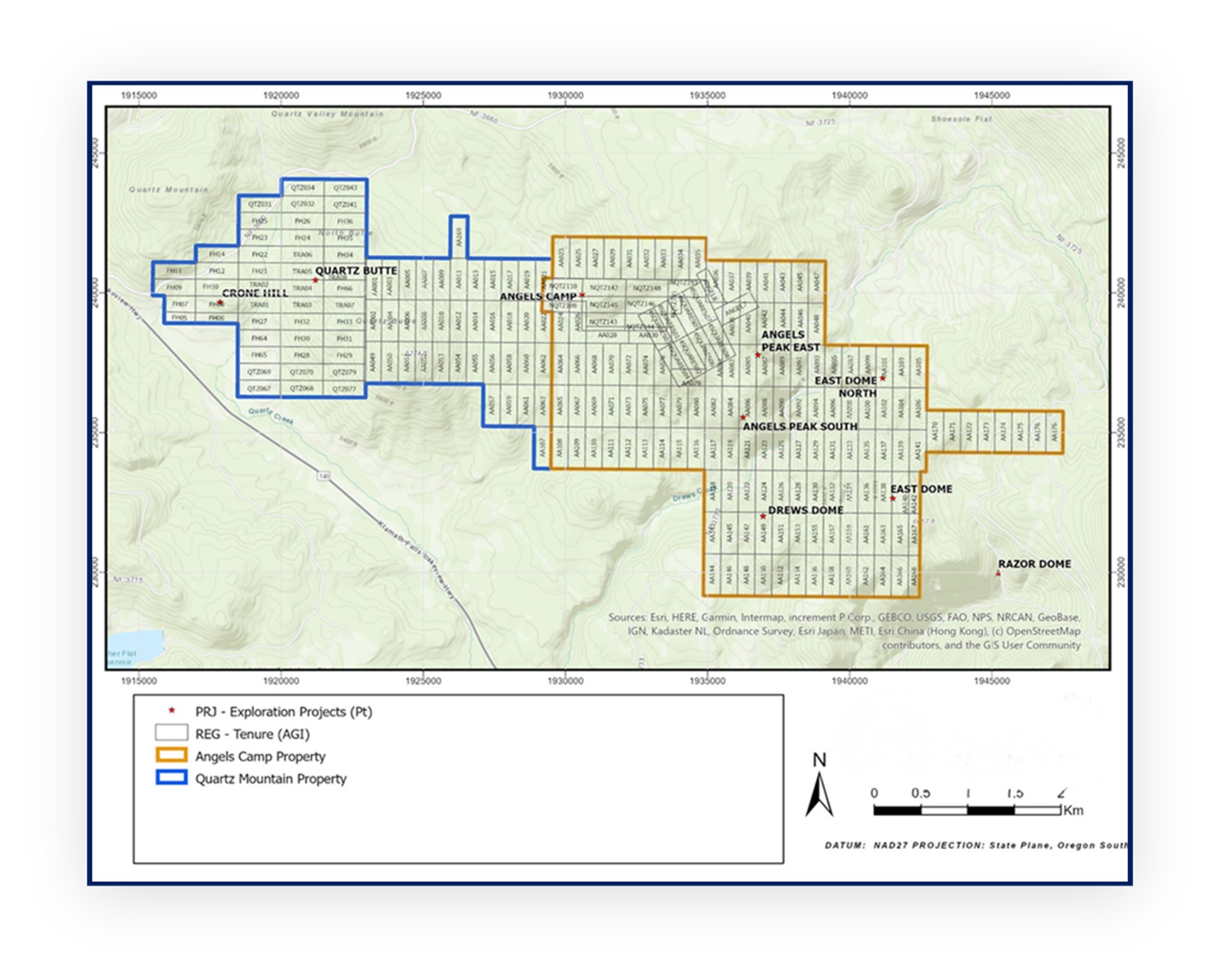 Figure 1. Location of Quartz Mountain and Angel’s Camp claim areas.