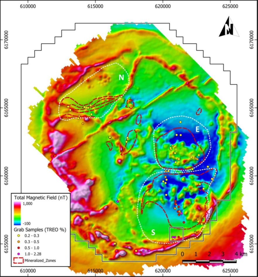 Total magnetic field map of the Nuiklavik Caldera Complex. Grab samples with TREO ≥ 0.2% are shown as scaled symbols. The volcanic pile is preserved within nested calderas in the central portion of FRIS.