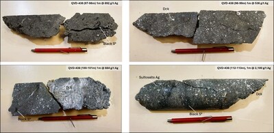 Detailed photos of QVD-438 showing clear evidence of high-grade mineralization continuity within intercepts of 661 g/t Ag over 4.0m and 838 g/t Ag over 4m, notably including the interval from 112 to 113 meters which returned 
2,100 g/t Ag over 1.0m. (CNW Group/Argenta Silver Corp.)