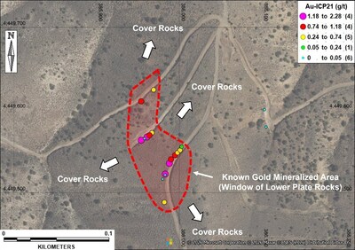 Figure 2 – Erosional Window Showing Black Mammoth Metals' Recent Rock Chip Locations and Gold Assays With Gold Mineralization Covered by Younger Rock Formations Open in all Directions. (CNW Group/Black Mammoth Metals Corp)