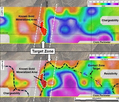 Figure 1 – Chargeability and Resistivity 50–100m Depth Slice with Target Zone and Known Gold Mineralized Area. (CNW Group/Black Mammoth Metals Corp)
