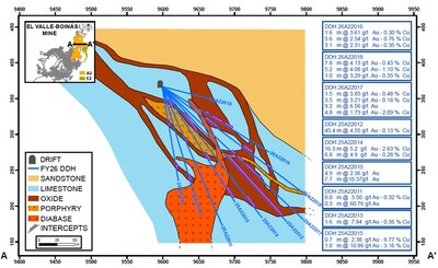 Figure 1. Area 208 longitudinal section A-A’ (Infill drilling intercepts (approximate true width)) (CNW Group/Orvana Minerals Corp.)