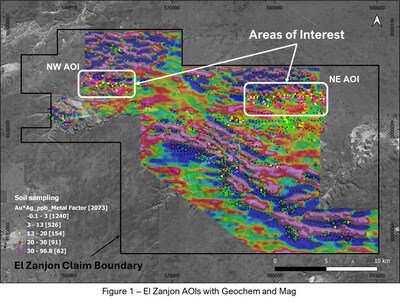 Figure 1 - El Zanjon AOIs with Geochem and Mag (CNW Group/Targa Exploration Corp.)