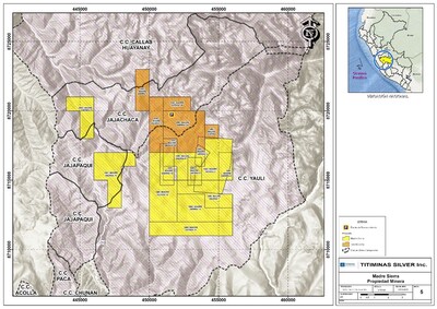 Concession Map: Madre Sierra mineral concessions - Location of the Madre Sierra and Janchiscocha concessions in relation to the territorial areas of the Yauli and Jajachaca rural communities. Location of historical mill at Janchiscocha (CNW Group/Titiminas Silver Inc)