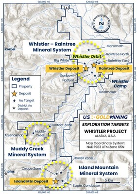 Figure 1  The Whistler Project, containing three gold ± copper ± silver mineral systems:  Whistler–Raintree contains the currently delineated Whistler and Raintree deposits; Island Mountain contains the namesake gold deposit and several additional undrilled targets;  and Muddy Creek holds potential for discovery of an intrusive related gold system. (CNW Group/U.S. GoldMining Inc.)