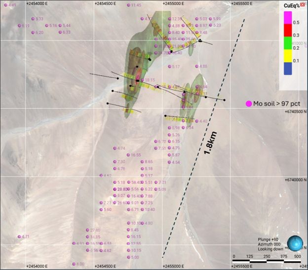 Extension and location of the Mo soil anomaly at Pyros with respect to the drilled area, showing the excellent potential for extending the mineralization towards the southwest and west.