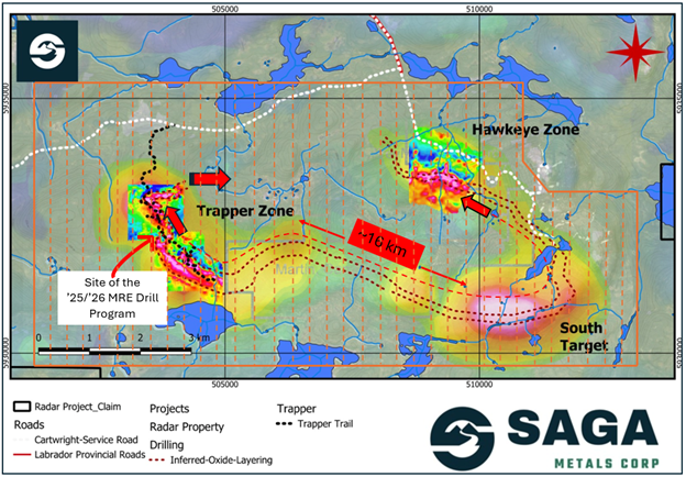 An approximate outline of the planned airborne geophysical coverage is highlighted in orange over Radar Project’s prospective oxide layering zone.  SAGA has demonstrated the reliability of the regional airborne magnetic surveys after validating with ground magnetic surveys and drilling in the 2024 -2026 field programs.