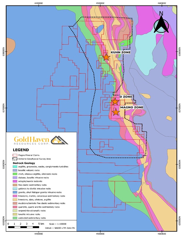 Geology map showing the area of the airborne survey as well as the high priority zones within the Magno project emphasizing the Kuhn, D Zone, Magno zones.