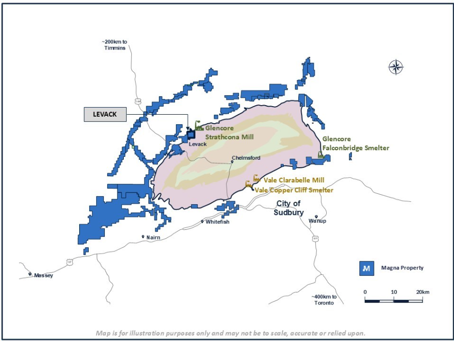 Figure 1: Location of Magna Mining’s Properties, Including the Levack Mine and Key Sudbury Infrastructure