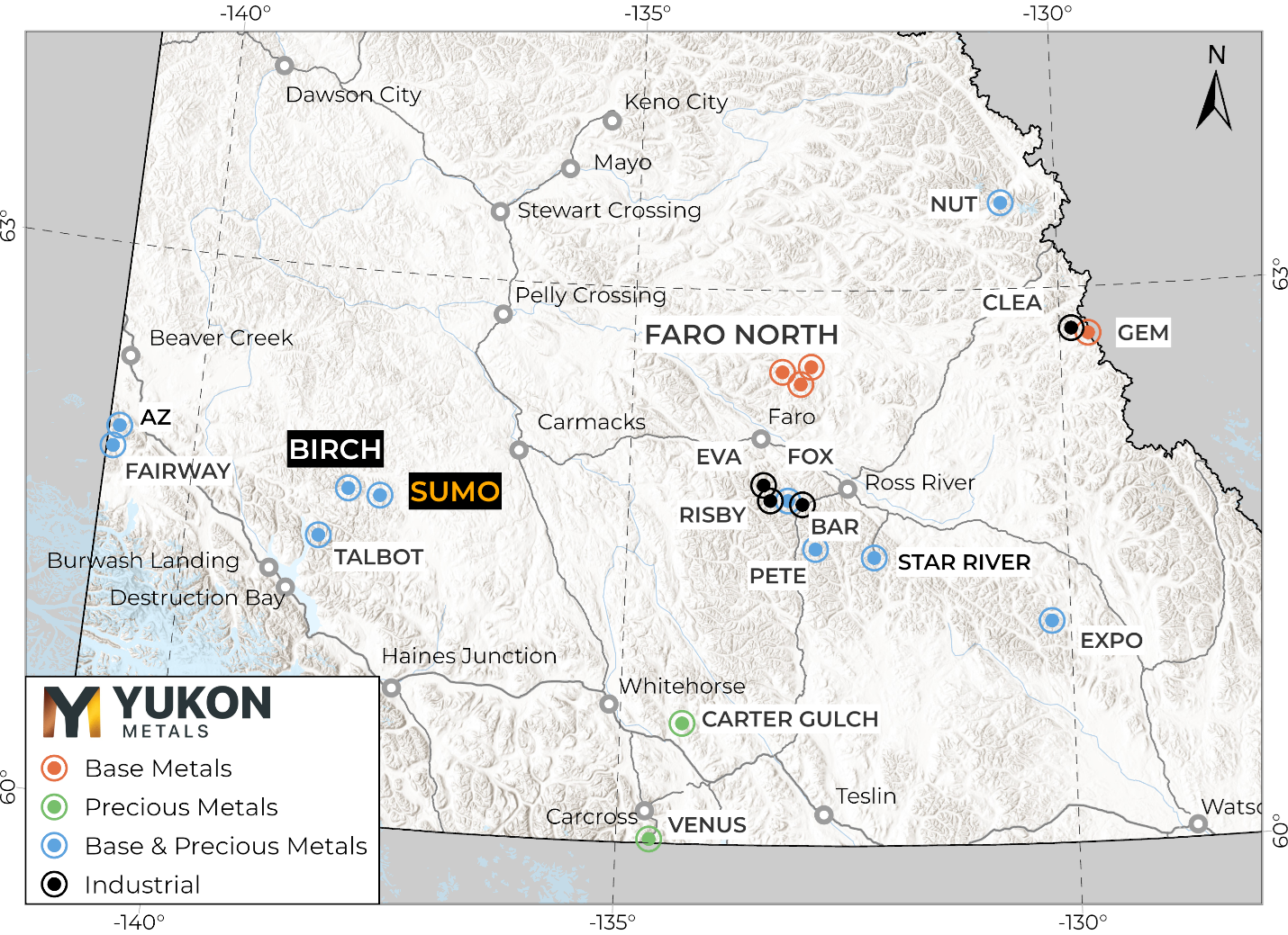Location of the Sumo Property and other Yukon Metals projects in the region.