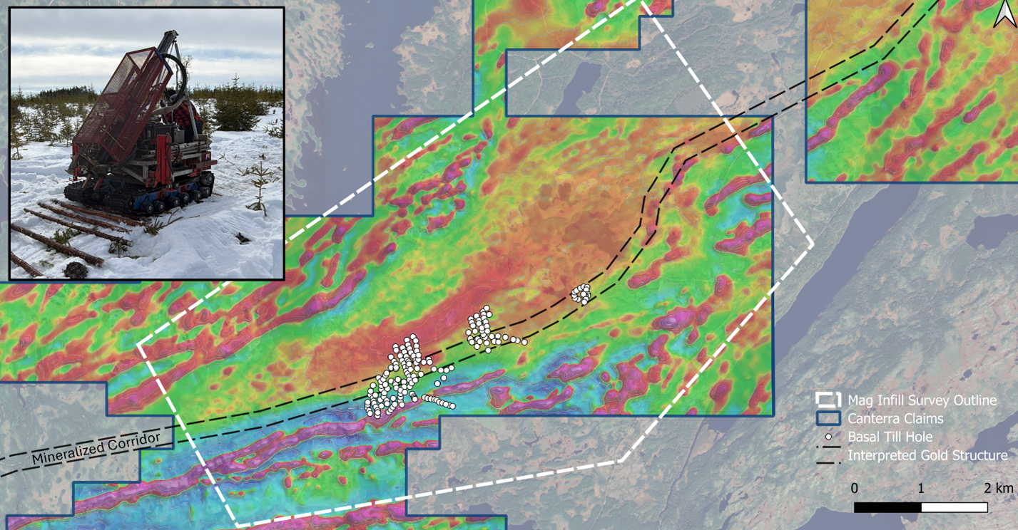 Map of Wilding Project, Magnetic Survey Area, and Till Drill Locations. Portable Shock Auger Rig (inset)